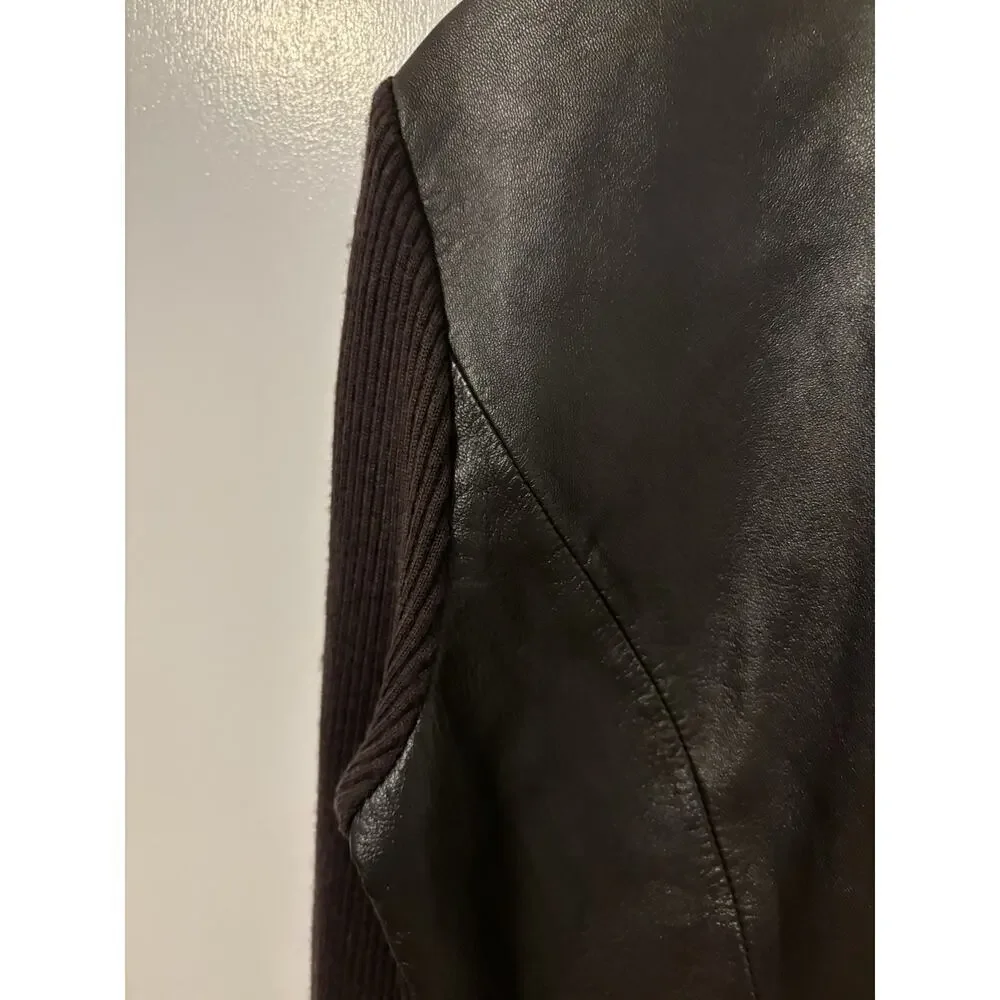 Cache Brown Leather Jacket Ribbed Knit Sleeves Boho Feminine Size L - Picture 6 of 6